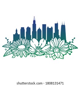 Chicago Illinois Flowers with Vintage Skyline Design. Floral frame ornament vector style. Decoration Design Silhouette illustration.