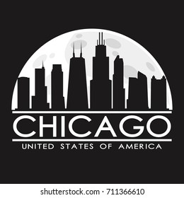 Chicago Illinois, Full Moon Night Skyline Silhouette Design City Vector Art.