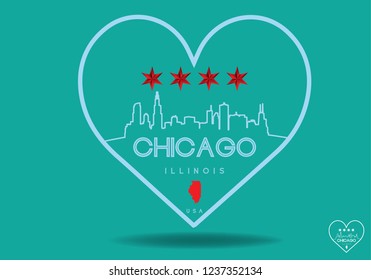  Chicago Illinois in heart with star and  map, Vector EPS 10.