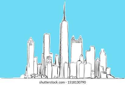 Chicago, Illinois Lineart Vector Sketch. and Drawn Illustration on blue background.