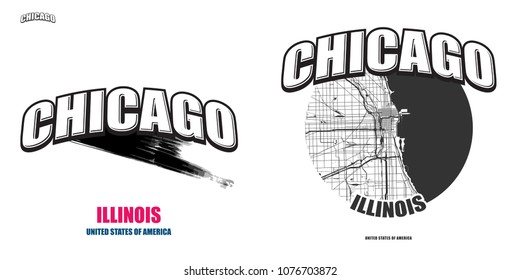 Chicago, Illinois, logo design. Two in one vector arts. Big logo with vintage letters with nice colored background and one-color-version with map for every possible print production.