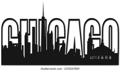 Chicago Illinois skyline with the word Chicago in black outline on white background 