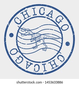 Chicago Illinois Stamp. Dinosaur Bones Silhouette Seal. Round Design. Vector Icon. Design Retro Insignia.