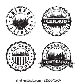 Chicago Illinois Stamp Skyline Postmark. Silhouette Postal Passport. City Round Vector Icon Set. Vintage Postage 

Design.