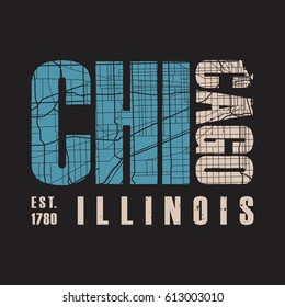 Chicago Illinois tee print. T-Shirt Design Grafik-Stempel Etikette Typografie.  Vektorgrafik.