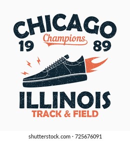 Chicago, Illinois Track and Field athletics typography for t-shirt with sneaker in fire. Original sportswear print. Apparel typography. Graphic for design clothes. Vector illustration.