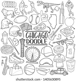 Chicago Illinois Travel. Tourism Set Famous City. Traditional Doodle Icons Sketch Hand Made Design Vector. 