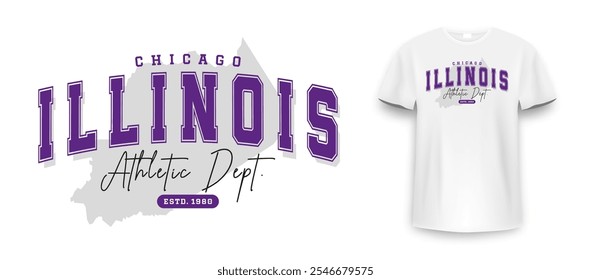 Chicago, Illinois T-Shirt mockup Design. Slogan T-Shirt Print Design im amerikanischen College-Stil. Athletische Typografie für T-Shirt-Print im Uni- und College-Stil. Vektorgrafik