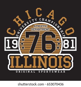 Chicago, Illinois typography for t-shirt. Original sportswear print. Athletic apparel typography. Graphic for design clothes. Vector illustration.