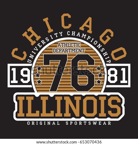 Chicago, Illinois typography for t-shirt. Original sportswear print. Athletic apparel typography. Graphic for design clothes. Vector illustration.