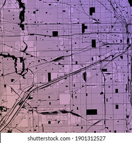 Chicago, Illinois, United States (USA) - Urban Vector Megacity Map With Parks, Rail And Roads, Highways, Minimalist Town Plan Design Poster, City Center, Downtown, Transit Network, Gradient Blueprint