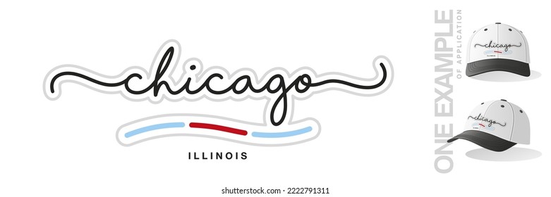 Chicago Illinois USA, abstract Chicago flag ribbon, new modern handwritten typography calligraphic logo icon with example of application