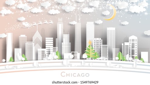 Chicago Illinois USA City Skyline in Paper Cut Style with Snowflakes, Moon and Neon Garland. Vector Illustration. Christmas and New Year Concept. Santa Claus on Sleigh.