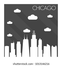 Chicago Illinois USA Flat Icon Skyline Silhouette Design City Vector Art Famous Buildings Monochrome Background Clouds Sky