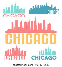 Chicago Illinois USA Flat Icon Skyline Silhouette Design City Vector Art Famous Buildings Color Set.