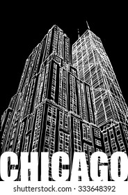 CHICAGO, ILLINOIS, USA: Hancock building and skyscrapers, hand drawn sketch, invert, vector.