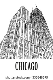 CHICAGO, ILLINOIS, USA: Hancock building and skyscrapers, hand drawn sketch, vector.