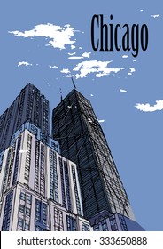 CHICAGO, ILLINOIS, USA: Hancock building and skyscrapers, hand drawn sketch, vector.