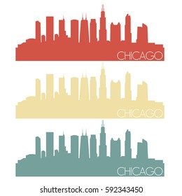 Chicago Illinois USA Skyline Silhouette City Stamp Vector Color Vintage Set Logo Clip Art Illustration.