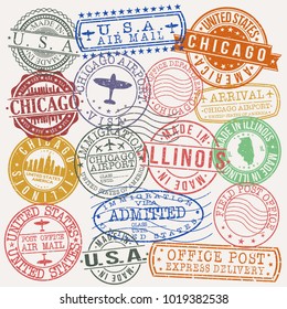 Chicago Illinois USA Stamp Vector Art Postal Passport Travel Design Set Badge.