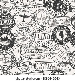 Chicago Illinois USA Stamp Vector Art Postal Passport Travel Design Set Pattern.