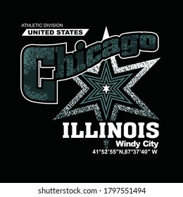 Chicago Illinois.Vintage and typography design in vector illustration.clothing,apparel and other uses.Abstract design with the grunge and denim style. Vector print, typography, poster.