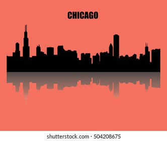 Chicago Illustration - vector - cityview. Landscape, shadow, red background, representatives skyscrapers, towers, travel destination, modern metropolis, cityscape.