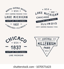 CHICAGO, LAKE MICHIGAN, MILLENNIUM PARK, ILLINOIS set of badges for printing on t-shirts. The illustration uses a manual font. 