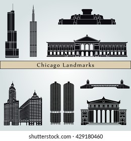 Chicago landmarks and monuments isolated on blue background in editable vector file