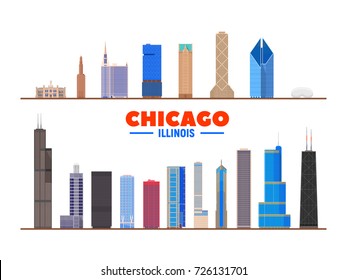 Chicago landmarks on a white background. Isolated objects. Flat vector illustration. Business travel and tourism concept with modern buildings. Image for banner or web site.