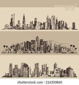 Chicago, Los Angeles, Houston big city architecture, vintage engraved illustration, hand drawn, sketch