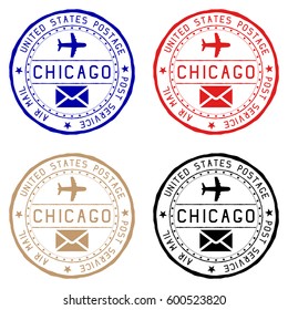 Chicago mail stamps. Colored set of round impress. Vector illustration isolated on white background