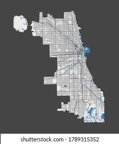 Chicago map. Detailed vector map of Chicago city administrative area. Poster with streets and water on grey background.