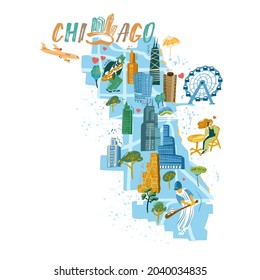 Chicago map with landmarks icons set. Traditional symbols, people and buildings full color vector illustration.