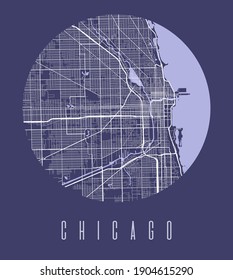 Chicago Map Poster. Decorative Design Street Map Of Chicago City. Cityscape Aria Panorama Silhouette Aerial View, Typography Style. Land, River, Highways, Avenue. Round Circular Vector Illustration.