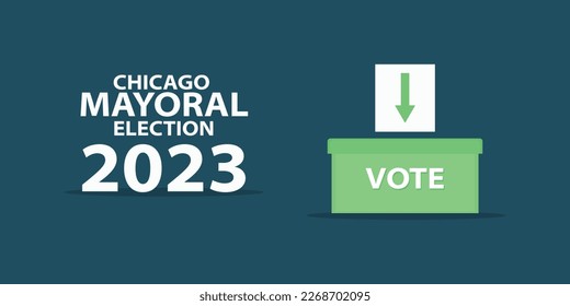 Chicago mayor elections 2023 isolated on dark blue background. American city elections vector graphic illustration. Arrow on white paper being casted in green vote box