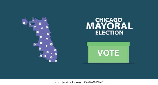 Chicago mayoral election 2023 vector graphic on dark blue color with green vote box. White typography. voting pins and locations on Chicago map
