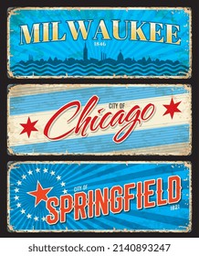 Chicago, Milwaukee and Springfield american cities plates and travel stickers. US city or town retro tin sign, grunge travel sticker or souvenir card. United States destination vintage vector plate