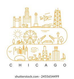 Chicago minimal style City Outline Skyline with Typographic. Vector cityscape with famous landmarks. Illustration for prints on bags, posters, cards.