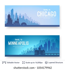 Chicago und Minneapolis berühmte Stadt scapes. Flache bekannte Silhouetten. Vektorgrafik leicht zu bearbeiten für Flyer oder Webbanner.