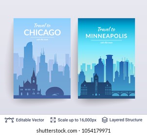 Chicago und Minneapolis berühmte Stadt scapes. Flache bekannte Silhouetten. Vektorgrafik leicht zu bearbeiten für Flyer, Poster oder Buchumschläge.