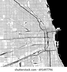 Chicago Monochrome Vector Map. Very large and detailed outline Version on White Background. Black Highways and Railroads, Streets and Water.