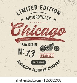 Chicago  Motorcycles typography.  Vintage t-shirt graphic and apparel design,  print, logo, poster. Vector