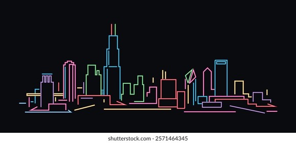 Chicago neon light skyline vector illustration