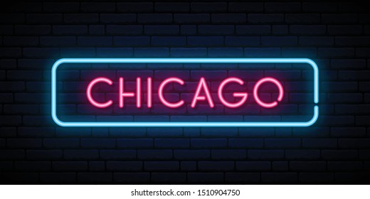 Chicago neon sign. Bright light signboard. Vector banner.