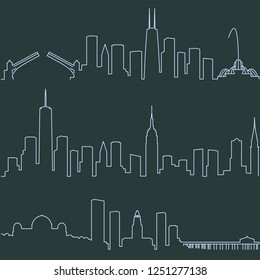 Chicago New York and Los Angeles Single Line Skylines