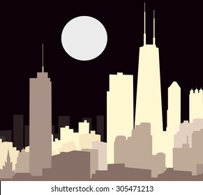 Chicago Night Skyline & Night Moon