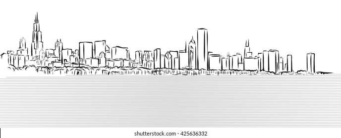 Esbozo de Chicago con el lago Michigan en primer plano, ilustración del vector dibujado a mano
