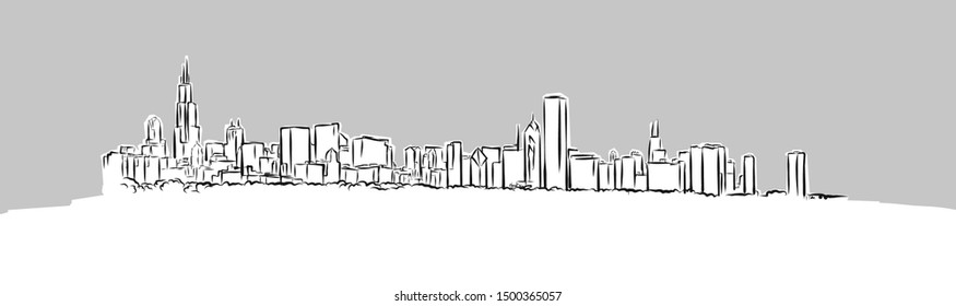 Chicago Panorama Skyline Vector Sketch. Hand Drawn Illustration on grey background.
