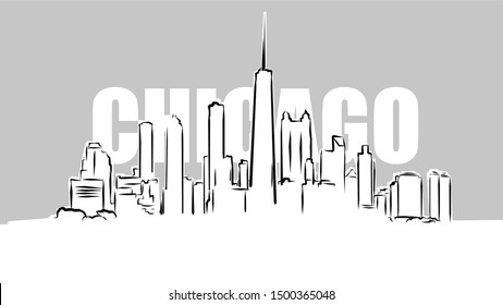 Chicago Panorama Skylinie. View from Michigan Lake, Hand Drawn Vector Illustration
